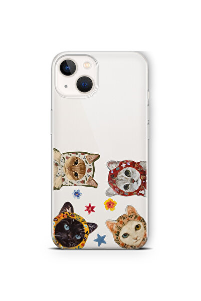 FLAMENKO iPhone 13 Sevimli Kediler Desenli Şeffaf Telefon Kılıfı