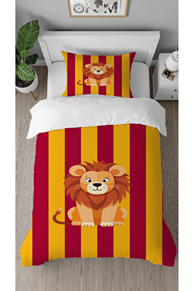 GREENDECOR Lion Red and Yellow Patterned Printed Special Design Single Style Children's Duvet Cover Set Without Sheets