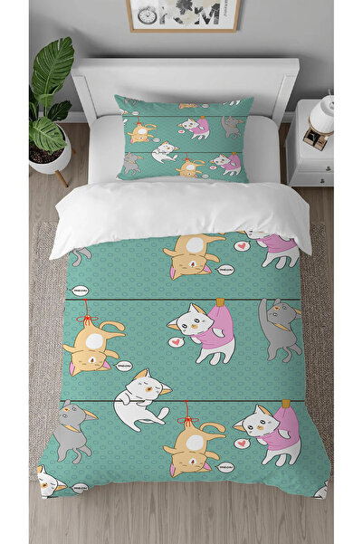 GREENDECOR طقم غطاء لحاف للأطفال بتصميم خاص مطبوع رقميًا بنمط قطة لطيفة بدون ...