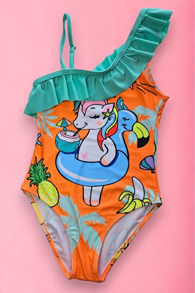 embody Girls' one-piece swimsuit, unicorn print, orange