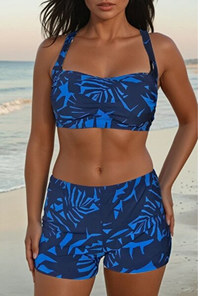 embody Women's 2 piece swimsuit, large size, shorts, blue Iry 22092