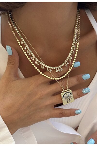 SU PERİSİ TAKI BİJUTERİ ÇELİK GOLD ZİRKON TAŞLI GÖZ DETAYLI PLAKA KOLYE