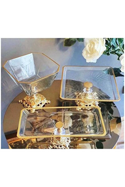 ÇNR Home Collection طقم تقديم الحلويات الذهبي مكون من 3 قطع مع صحن للبسكويت و...