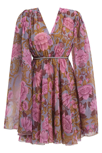 Keikei Desenli Sifon Uzun Kol Kısa Elbise