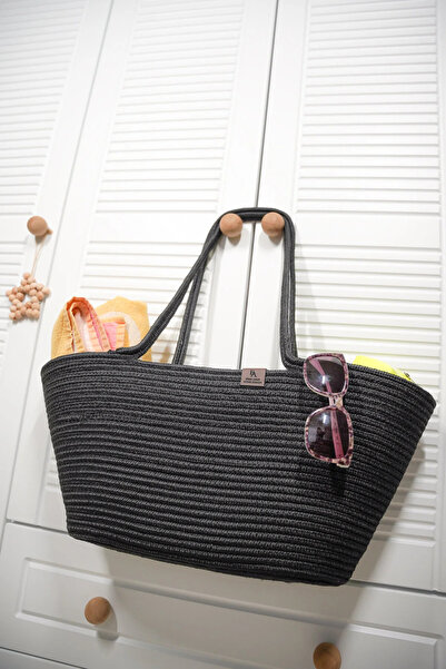 Halımax Chest Natural Wicker Jute Hand Knitted Woven White Women's Beach Shoulder Bag Black Jute Bag with Strap
