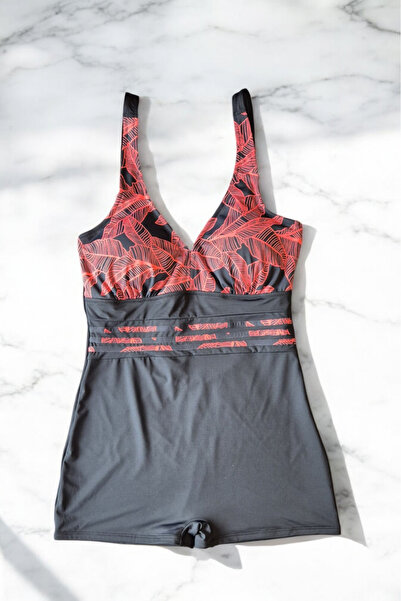 embody Ladies' one-piece swimsuit, modelling effect, with short pants, black/red palms lm052