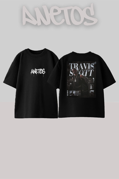 Anetos تي شيرت أسود كبير الحجم من القطن مطبوع عليه تصميم ترافيس سكوت 1