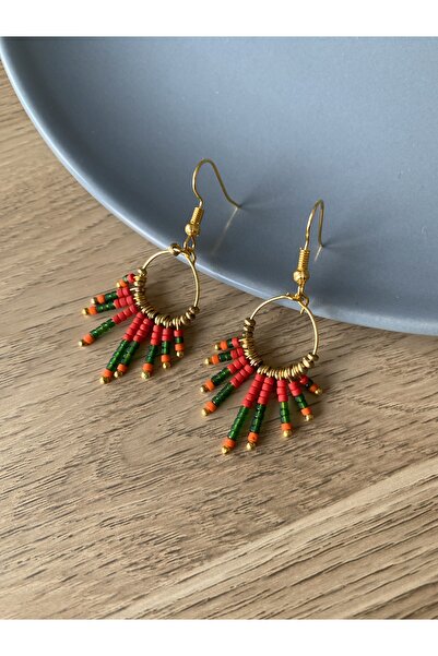 dela otantik Handmade Beaded Bohemian Hoop Earrings – Red-Green and Lilac Color Authentic Ethnic Bijouterie Jewelry