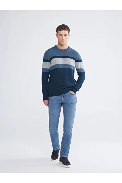 LC Waikiki Ανδρικό πλεκτό πουλόβερ με μακρύ μανίκι LCWAIKIKI Classic Indigo αντίθεση χρωμάτων