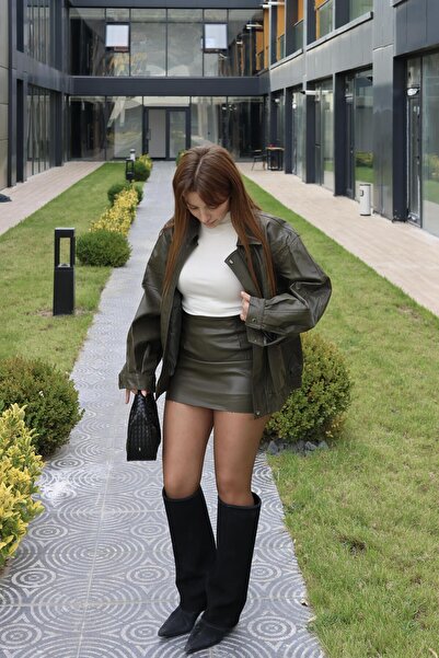 BAŞARAN Δερμάτινο μπουφάν με μεταλλικό κουμπί Χακί