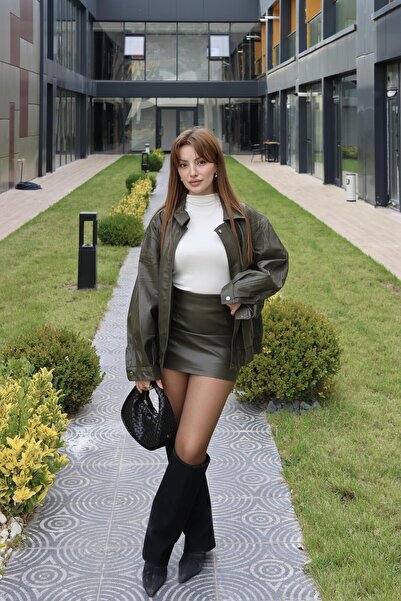 BAŞARAN Δερμάτινη φούστα χακί