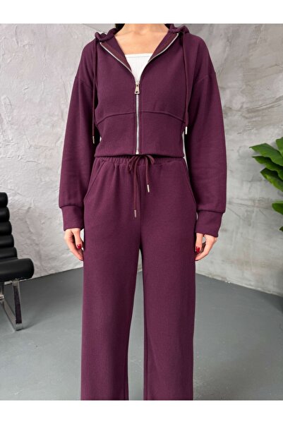 Elif Özbey Butik Σετ Σελανίκη με κουκούλα με φερμουάρ μπροστά σε μούρινο χρώμα