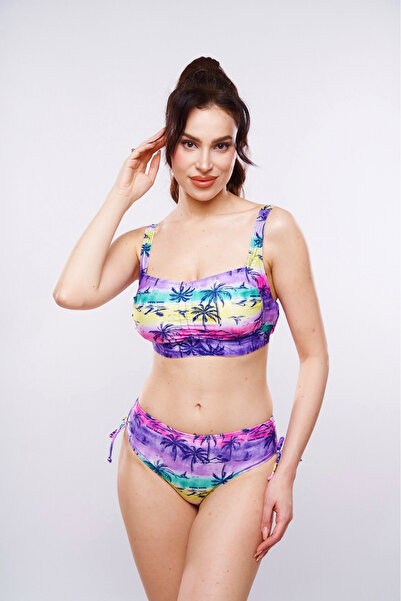 embody Swimsuit, bathing suit, large size, 2-piece, classic briefs, palm tree print, purple