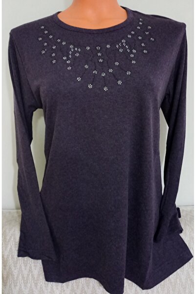 Anne Er Clothing Winter Cotton Combed Blouse Long Sleeve Crew Neck Stone Purple