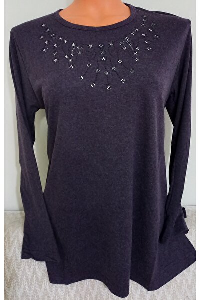 Anne Er Clothing Winter Cotton Combed Blouse Long Sleeve Crew Neck Stone Purple