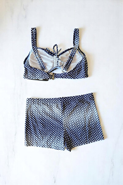 embody 2 piece swimsuit, large size, shorts, bustier bra, digital white/blue 2296 z