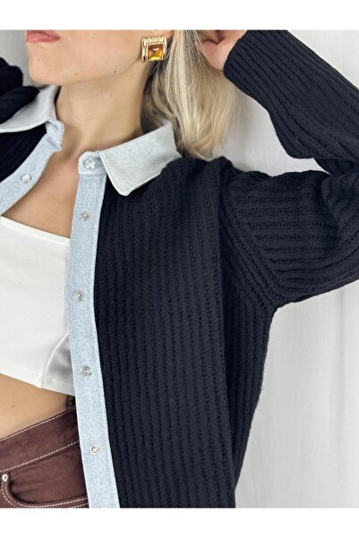Retrobird Jean Şertli Comfortable Fit Ribbed Cardigan Women's Black
