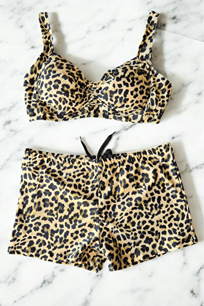 embody 2 piece swimsuit, plus size, briefs shorts, bustier bra, animal print brown 5006