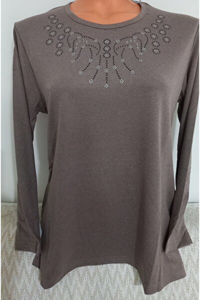 Anne Er Clothing Winter Cotton Combed Cotton Blouse Long Sleeve Crew Neck Stone Beige