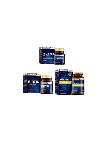 Nutraxin 400 ميكروجرام حمض الفوليك - 100 طن + سي، دي، زنك 60 قرص + بيوتين 500...