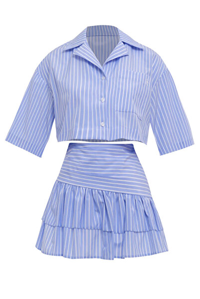 Keikei Mavi Poplin Kısa Kol Kısa Elbise
