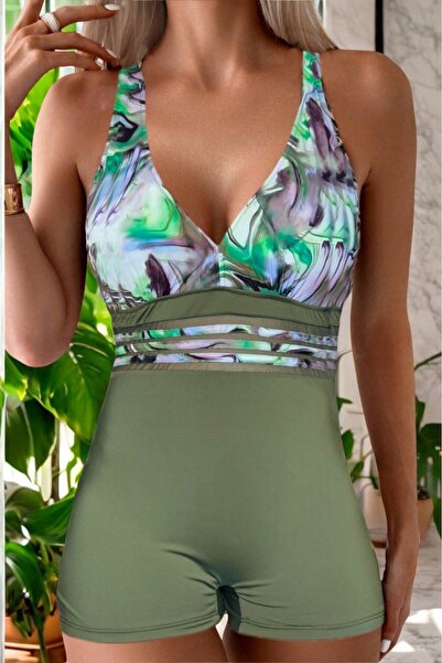 embody Costum de baie dintr-o singură piesă pentru femei, efect modelator, cu pantaloni scurți, verde y9126