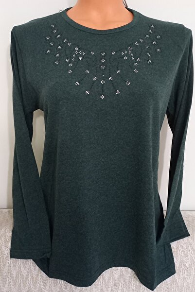 Anne Er Clothing Winter Cotton Combed Cotton Blouse Long Sleeve Crew Neck Stone Green