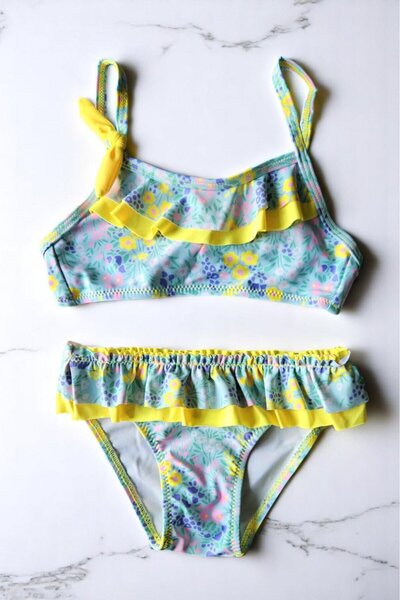 embody Costum de baie din două piese pentru fete, cu volane, albastru/galben