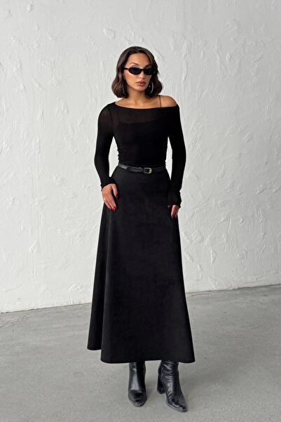 Lusin Fusta neagră de piele de căprioară pentru femei, lungime midi