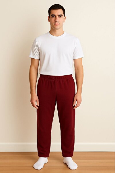 LinaByUgurr Burgundy Fleece Pajama Bottoms Men's Thick Winter Anti-Pilling Pocketless Elastic Warm Soft and Comfortable Pajamas