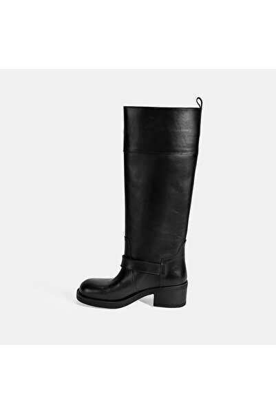 Desa Women's Black Leather Boots with Metal Buckle Detail