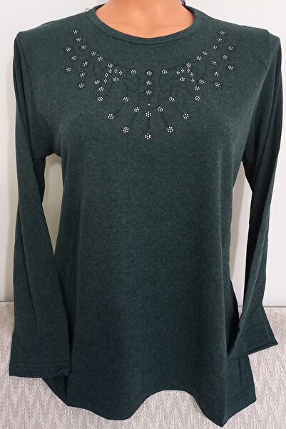 Anne Er Clothing Winter Cotton Combed Cotton Blouse Long Sleeve Crew Neck Stone Green