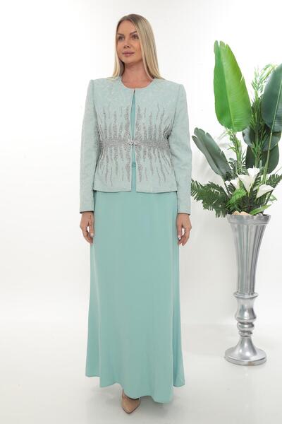 MİSS DİAMOND Stone jacquard woven mint long skirt three-piece set