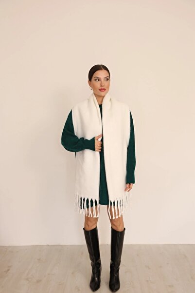 ALLURİNG Premium Unisex Buklet Soft Textured Tasseled Women's Scarf Shawl Shoulder Wrap Ecru