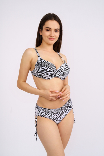 embody Plus size swimsuit, black/white, with classic bikini bottom and animal print, Eliza