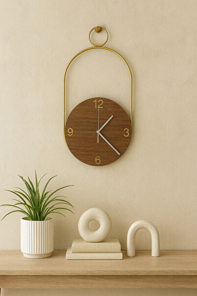 Wallover Design XL Boy Mila Dekoratif Duvar Saati – Gold /Ceviz Detaylı, 30x6...