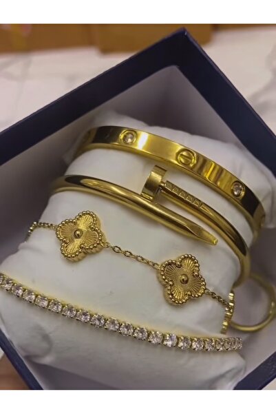GUNESTAKI Gold Suyolu Bileklik Kelepçe Çelik Takı Seti 4lü Set