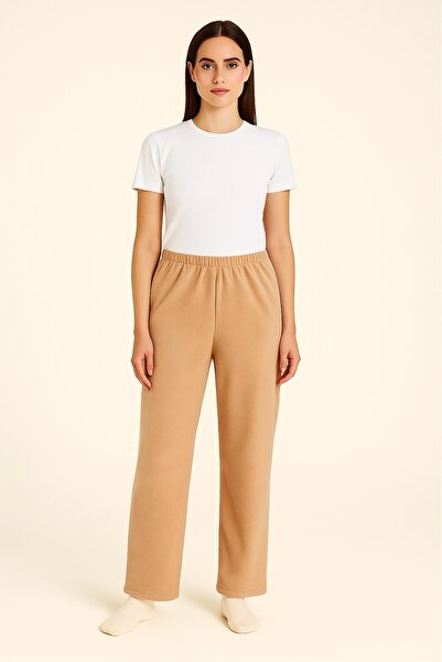 LinaByUgurr Beige Fleece Pajama Bottoms Women's Thick Winter Anti-Pilling Pocketless Elastic Warm Soft and Comfortable Pajamas