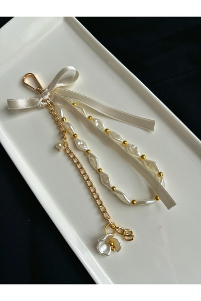Handmade Beyaz gold detaylı çanta charmı çanta aksesuarı çanta süsü anahtarlık