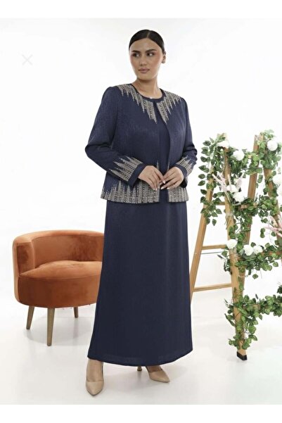 MİSS DİAMOND فستان سترة باللون الأزرق الداكن مع ياقة وأكمام مطرزة بالحجارة