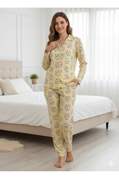 AYLEVA Kadın Sarı Civciv Önden Düğmeli Gömlek Yaka Uzun Kol Pijama Takımı