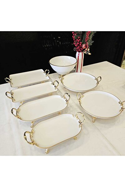 MaviDamla Our 7-Piece Cast-Iron Footed Porcelain Presentation Set with Gilt Details, Gold