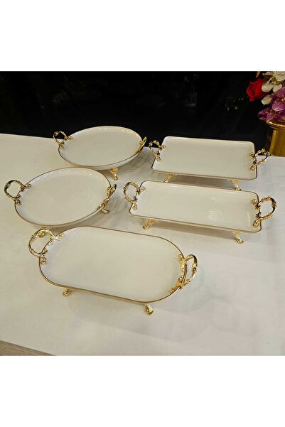 MaviDamla Our 7-Piece Cast-Iron Footed Porcelain Presentation Set with Gilt Details, Gold