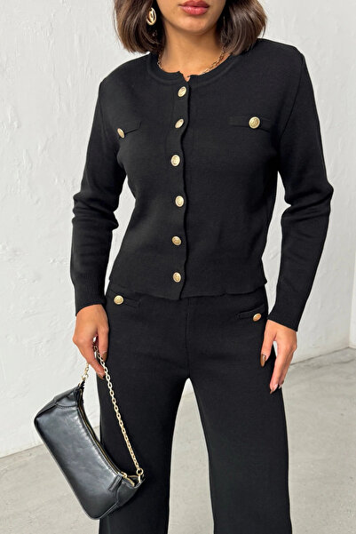 Lusin Women's Black Cardigan Pants Bottom Top Two-Piece Knitwear Set