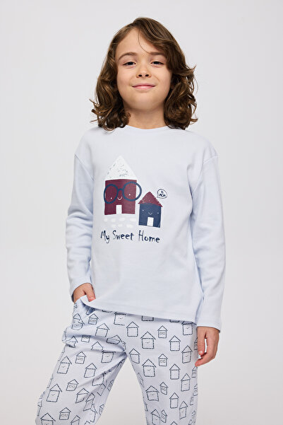 Panço Erkek Çocuk Ev Desenli Mavi Pijama Takımı