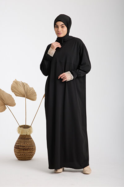 AKPİYYER دانتيلي. فستان صلاة إسلامي مع غطاء رأس بسحاب