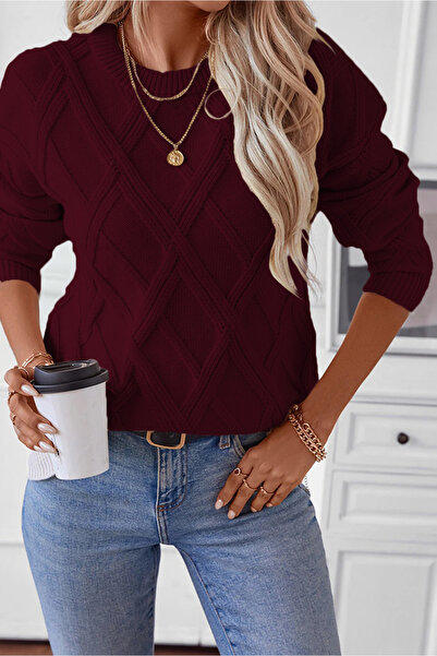 hanope Tricotaj de damă burgundă Pulover cu gât rotund cu mânecă lungă tricotat cu modele modern de iarnă