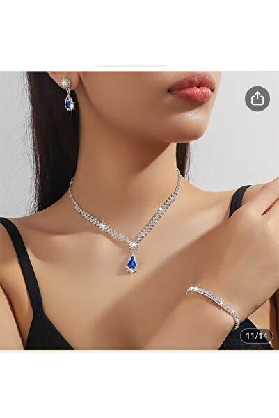 JUPİTER HOME Gümüş Kaplama Su Yolu Mavi Kolye Küpe Ve Bileklik Seti 3'lü Set ...
