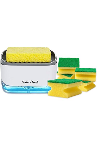 Pescador Dishwashing Liquid Container for Modern Kitchen (White, Pump + 6 Sponges)