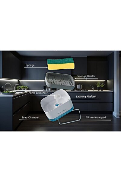 Pescador Dishwashing Liquid Container for Modern Kitchen (White, Pump + 6 Sponges)